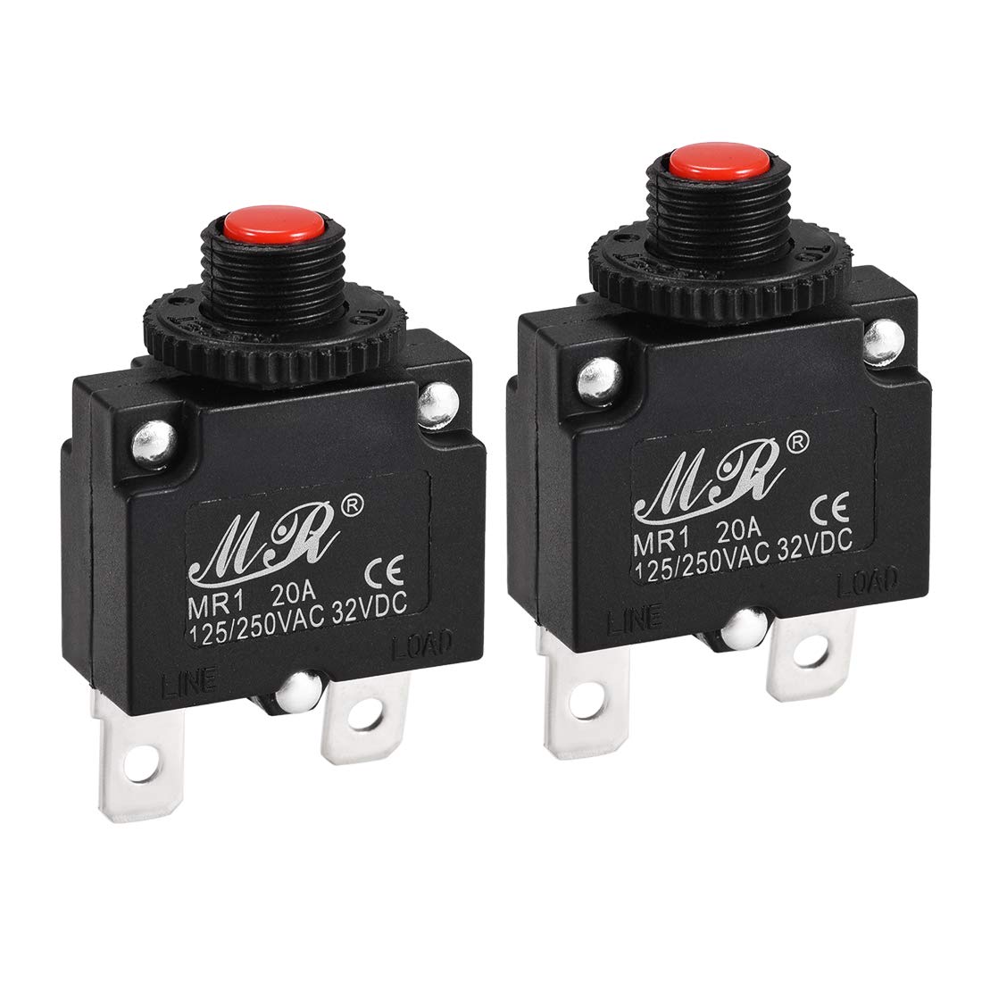 Sourcingmap Thermal Circuit Breakers 20A 125/250V AC 32V DC Push Button Manual Reset Overload Protector Switch 2 Pcs