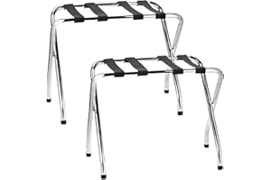 USTECH Luggage Rack-Single Tier, Chrome, Fully Asssembled, Foldable Rack for Guest Room (Pack of 2)