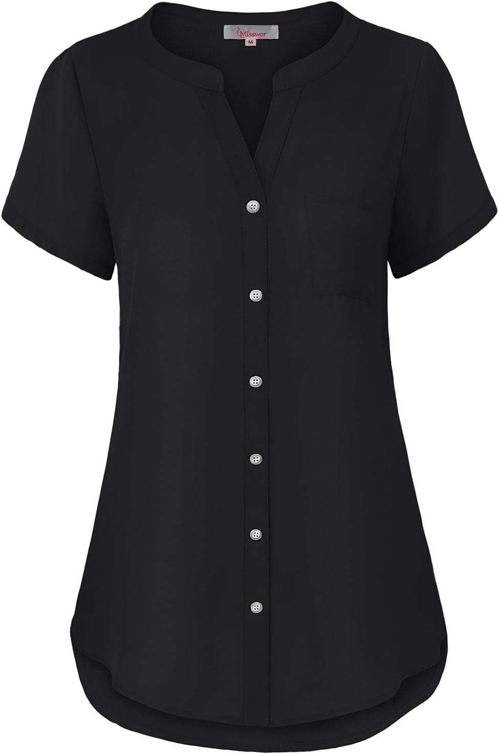 Misswor Womens Band Collar Roll Sleeve Button Down Chiffon Blouse Shirt