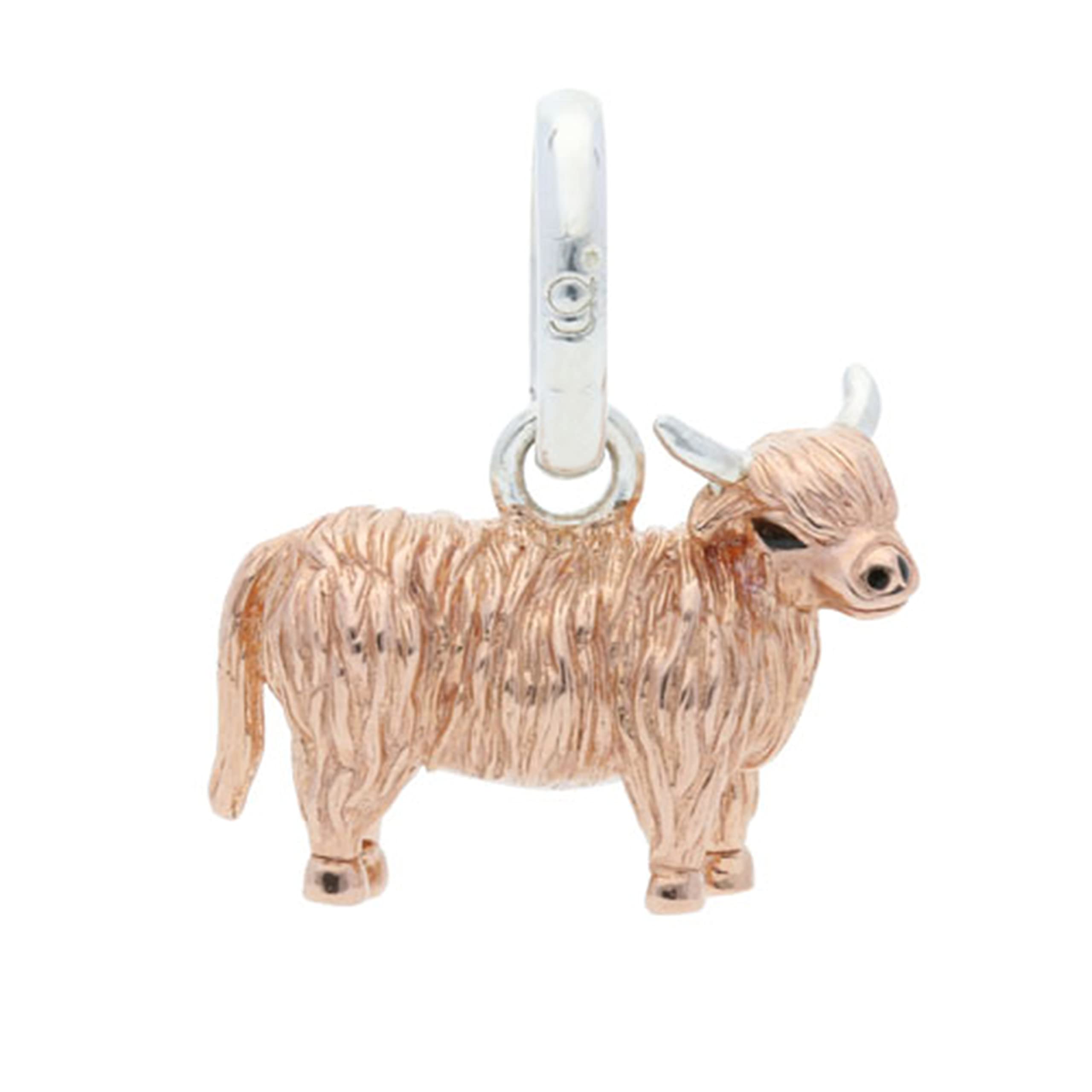 Gemma J Highland Cow Charm in solid silver with rose gold detail.