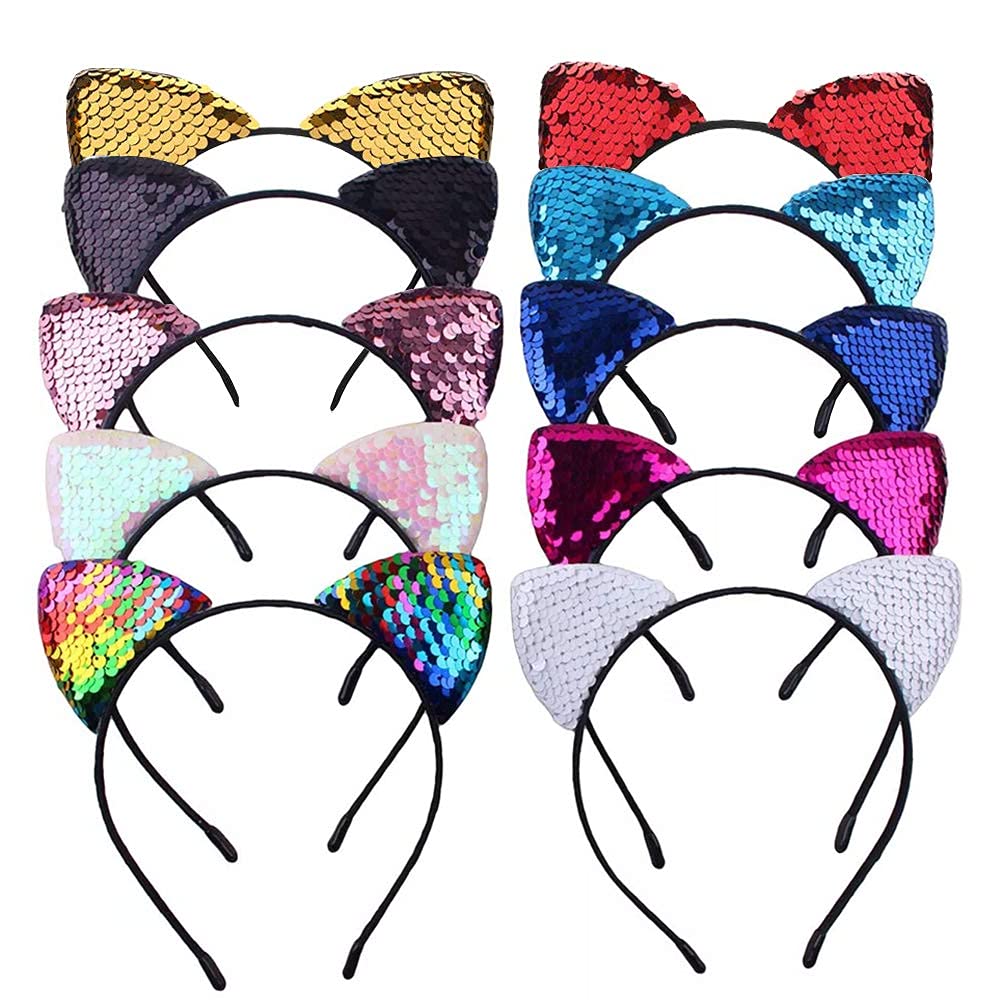 Headband with Cat Ears, Cute Glitter Cat Ears, Hair Band, 10 Pieces, Reversible Sequins, Cat Ears, Headband for Women, Girls, Daily Wear and Party Decoration