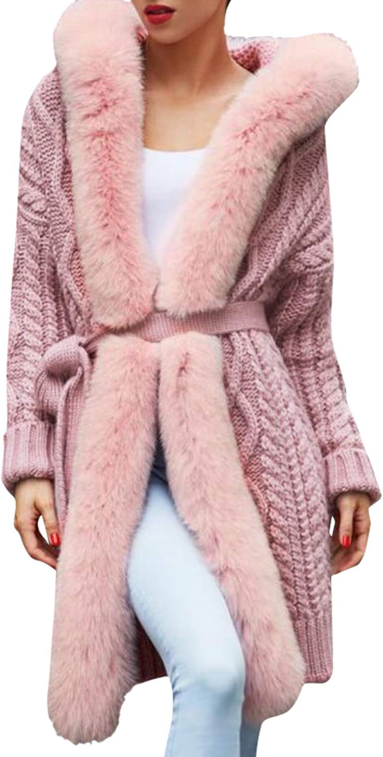 D Jill Women's Warm Faux Fur Winter Knit Sweater Hooded Cardigan Coat Belted