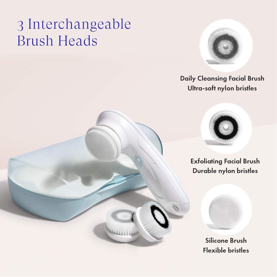 Vanity Planet Facial Cleansing Brush Ultimate Skin Spa with 3 Interchangeable Face Brushes for Cleansing, Exfoliating and Silicone Brush, Protective Case, Cordless, Water Resistant (Bombshell Blue): Beauty