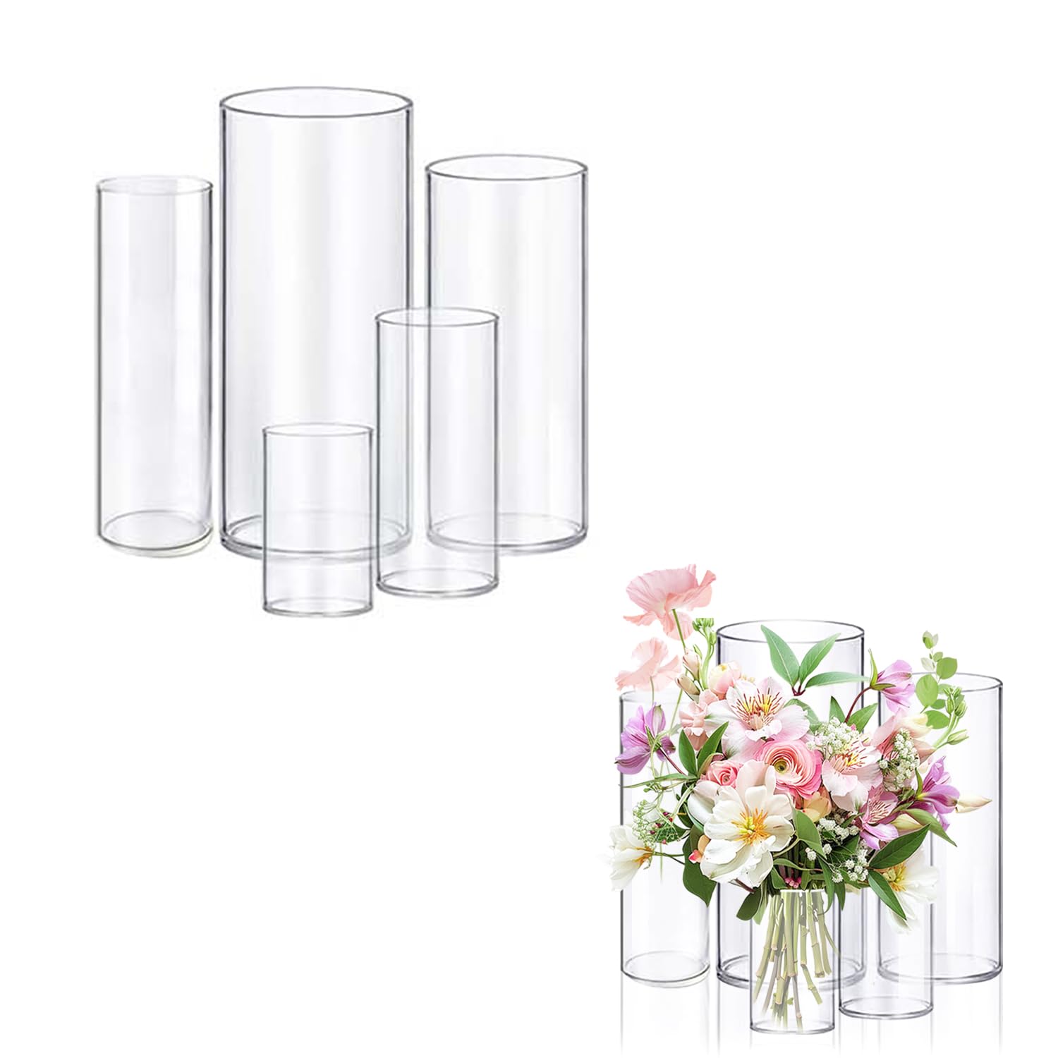 Photo 1 of (ONLY 4) 5pcs Glass Vase Cylinder Vases for Centerpieces Small Flower Glass Vases Home Decor Centerpiece Table Clear Flower Vase Decorations for Wedding?Holiday 4,6,7.5,8,10 Inch Tall