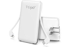 TG90° Portable Charger with Built-in Foldable AC Wall Plug and Cables,5000mAh Slim Power Bank USB C Battery Pack,3 Outputs Pocket Friendly Battery Charger Compatible with iPhone Android Smart Devices