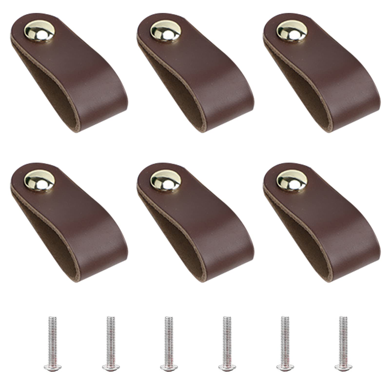 GORGECRAFT 6Pcs Leather Handles Vintage Cabinet Door Handle Sienna Color Leather Drawer Pulls for Kitchen Bathroom Cabinets Cupboards Wardrobe Dresser, 143x25mm