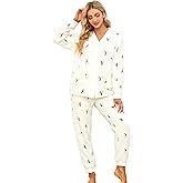 Womens Fuzzy Plush Pajama Set, Soft Warm Fleece Pajama for Women Cute Long Embroidered 2 Piece Sleepwears
