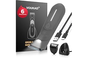 VOUKAD Sensitive Skin Personal Pubic Hair Trimmer for Women and Men, Electric Manscape/Bikini Trimmer, Waterproof Groin Trimmer for Body Hair, with Light, Travel Size, 6 Precisions, with Charging Dock