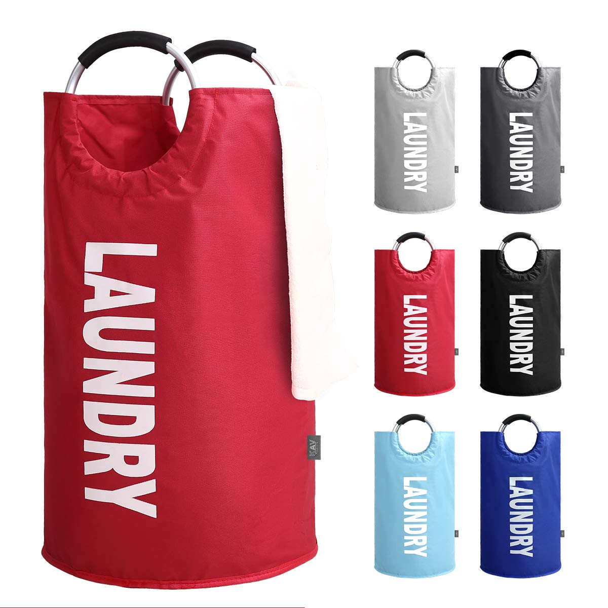 KAV Oxford Fabric Collapsible and Foldable Laundry Basket, Bag or Hamper - 82L Portable Linen Washing Bin with Rubber grip Aluminium Handles - Perfect for Bedrooms, Bathrooms, Playrooms (Red)