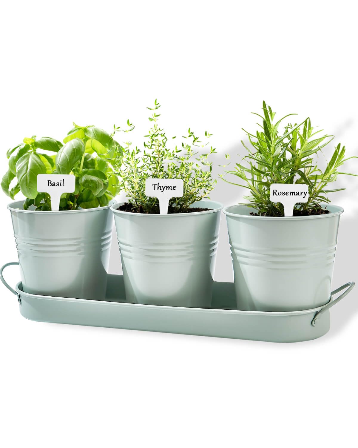 vensovo Indoor Herb Planter Set - Galvanized Windowsill Garden Pots with Tray & Drainage, Set of 3 Metal Window Planters for Kitchen & Outdoor Use, Light Green