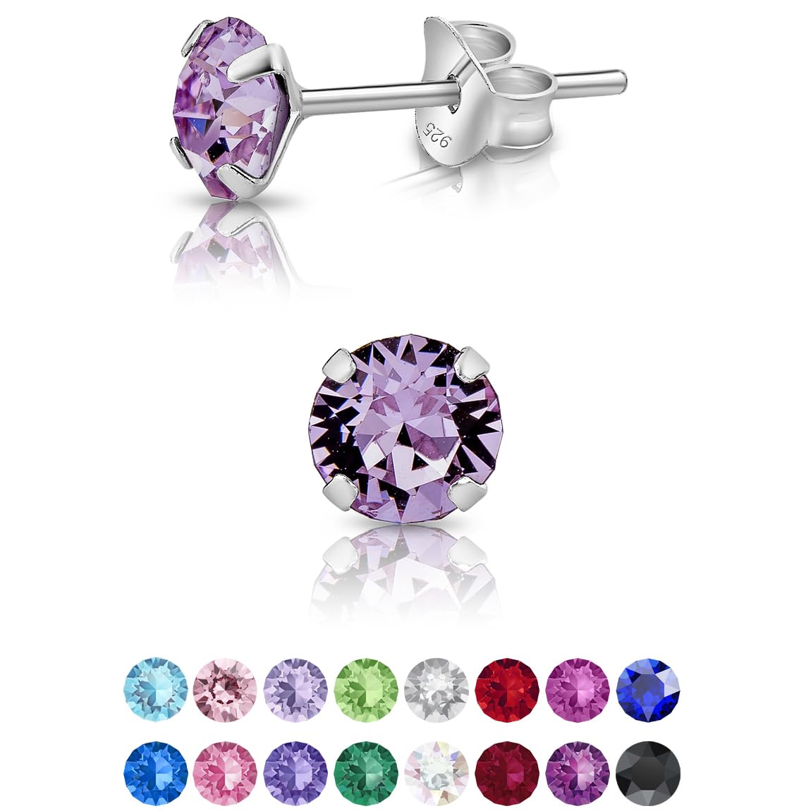 925 Sterling Silver Round SMALL Stud Earrings made with Glittering Crystals - Silver Studs Earrings for Woman - Diameter: 5 mm - Colour : Violet
