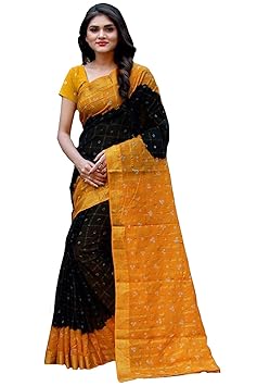 women's cotton silk bandhani Bandhej saree with bloues material (Black)