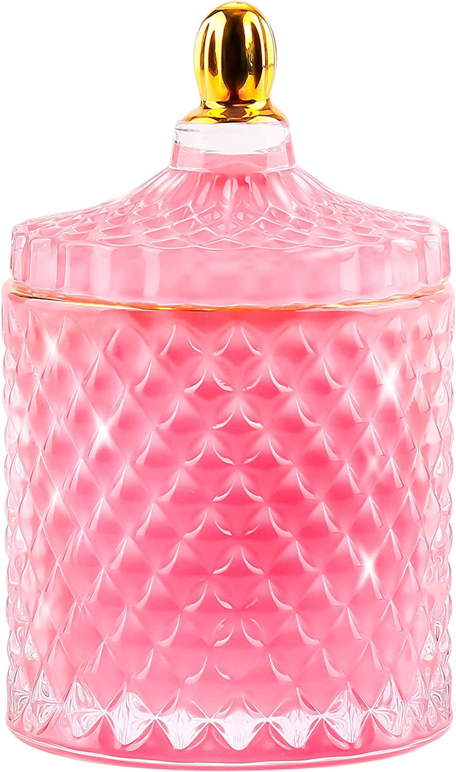 ALAMHI Decorative Glass Jar With Lid, Pink Sweet Candy Dish Glass Cookie Jar, Trinket Box, Bathroom Storage Jar, Jewelry Organizer Glass Gifts for Women Girls