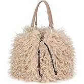 Tarvione Fur Purse Mongolian Tote Bucket Bag Drawstring Fluffy Fuzzy Furry Top Handle Shoulder Bag Soft Winter Handbag