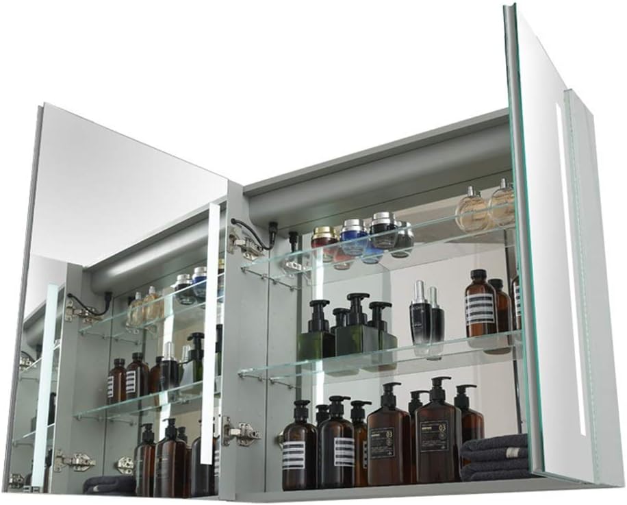 Amazon Com Goaein Multipurpose Bathroom Cabinet Led Lighted Medicine Cabinet With Mirror Aluminum Double Door Recess Or Surface Mount Installation Adjustable Shelves Color Silver Size 80x70x14cm Home Kitchen