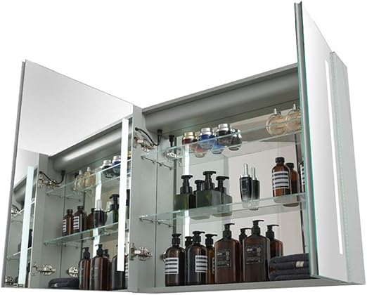 Amazon Com Goaein Multipurpose Bathroom Cabinet Led Lighted Medicine Cabinet With Mirror Aluminum Double Door Recess Or Surface Mount Installation Adjustable Shelves Color Silver Size 80x70x14cm Home Kitchen