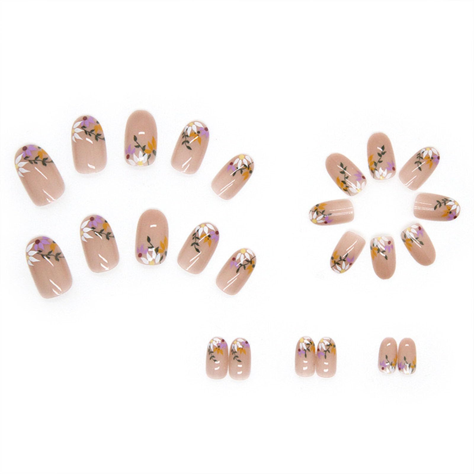 FJSMTOPl Flower Press on Nails Short Oval Fake Nails Floral False Nails with Design Leaf Spring Glossy Full Cover Acrylic Glue on Nails Artificial Stick on Nails for Women Manicure 24Pcs, style35 - Image 4