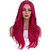 WTHCOS Hot Pink Wigs for Women Girls Middle Part Wig Long Pink Wig Heat Resistant Synthetic Curly Wavy Wigs for Cosplay Costume Party