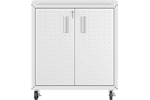 Manhattan Comfort Fortress Textured Metal 31.5" Garage Mobile Cabinet with 2 Adjustable Shelves in White