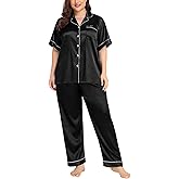 SWOMOG Women's Plus Size Pajamas Silk Satin Pajama Set Short Sleeve Shirt with Full-Length Pants Pjs Sleepwear Set 18W-26W