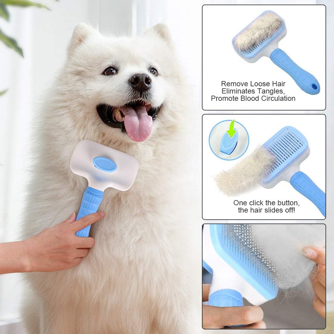 Atlamia Self Cleaning Slicker Brush, Dog Brush & Cat Brush with Massage Particles, Removes Loose Hair & Tangles, Skin Friendly & Promote Circulation-Blue