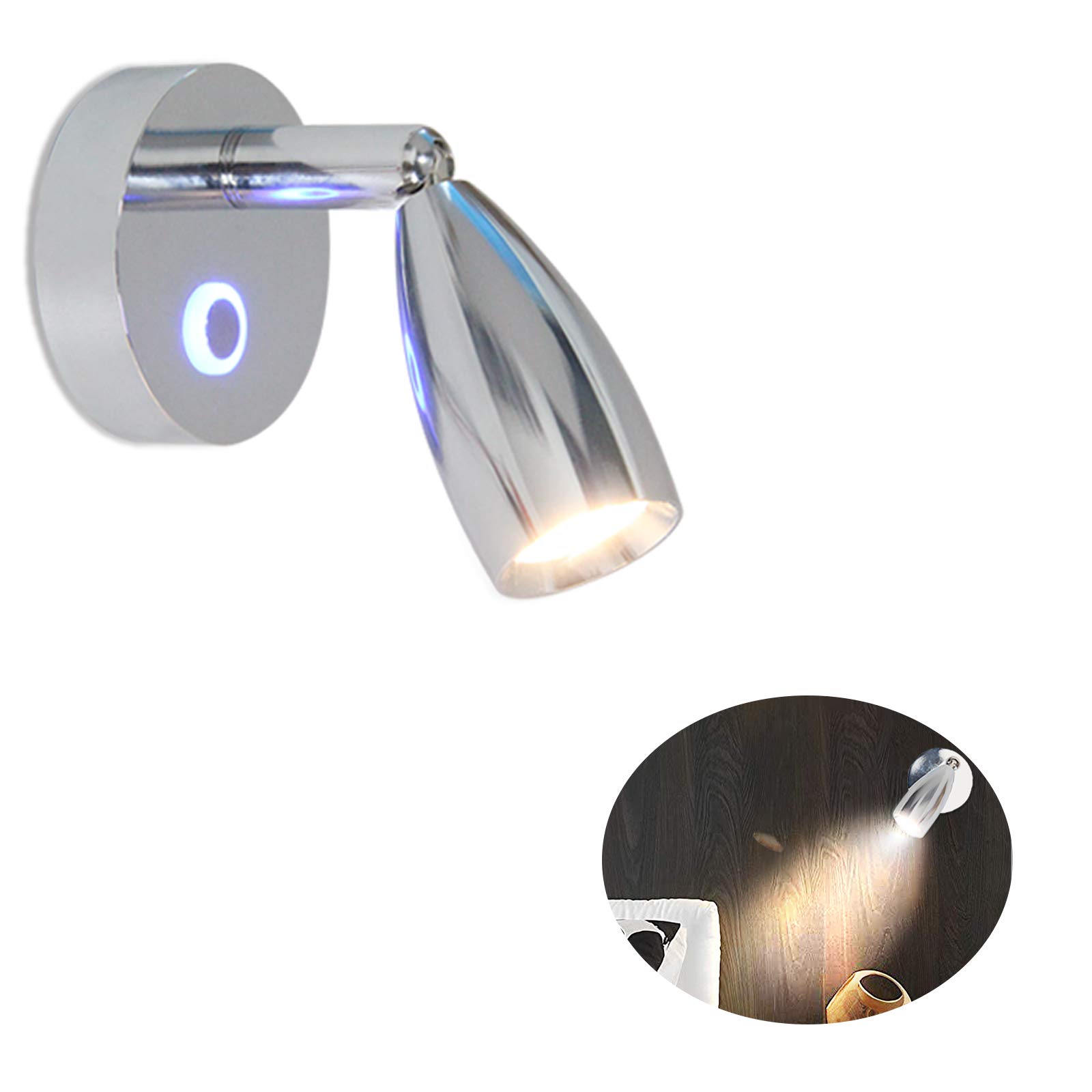 OPP ULITE RV 12V Reading Light 3W Warm White, Polished Chrome with Dimmable Touch LED Interior Bedside Wall Light, 360° Rotation Eye Protection Book Lamp for Trailer Caravan Boat Yacht (Pack of 1)