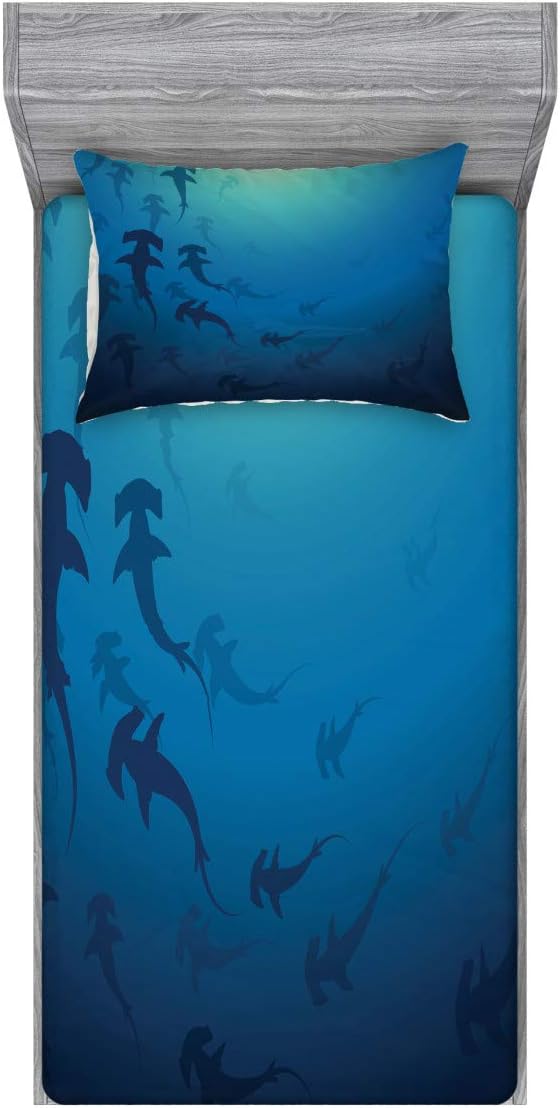 Ambesonne Sea Animals Fitted Sheet & Pillow Sham Set, Hammerhead Shark School Scan Ocean Dangerous Predator Wild Nature Illustration, Decorative Printed 2 Piece Bedding Decor Set, Twin, Ocean Blue