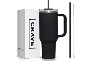 Crave Cups 40oz Tumbler with Lid and Straw l Reusable Spill Proof Double Wall Insulated Stainless Steel Water Bottle Travel Mug l Cupholder Friendly Vacuum Sealed Tumbler with Handle (Obsidian)