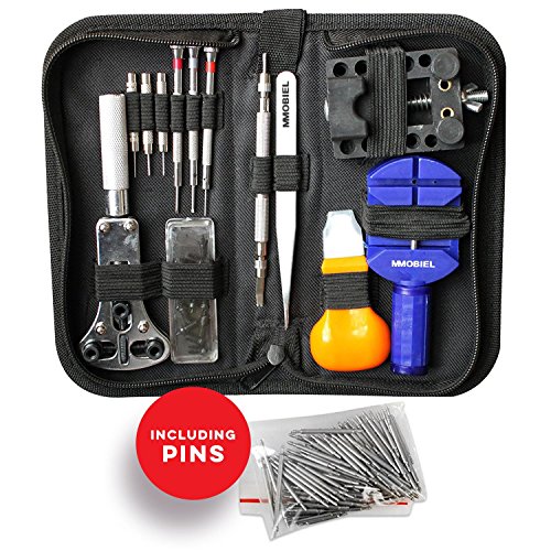 MMOBIEL 144 PCS PROFESSIONAL Watchmaker Repair Tool Kit Incl Watch Spring Pin Bars and Back Case Opener Screw Wrench for inserting batteries in Nylon Bag