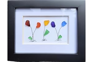 Mini Desk art Rainbow Pride Sea glass Flowers Art, Celebrate pride, Framed art with Seaglass. Pebble art Handmade in Maine. Frame is 3.5 x4 inches with glass