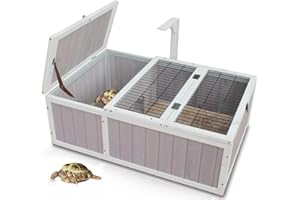 ROCKEVER Tortoise House Habitat Wooden Small Animal Hutch Enclosure Indoor/Outdoor, 49 * 36 * 14(L*W*H)-with Cover (Grey + White Trim, 36 * 24 * 14(L*W*H))