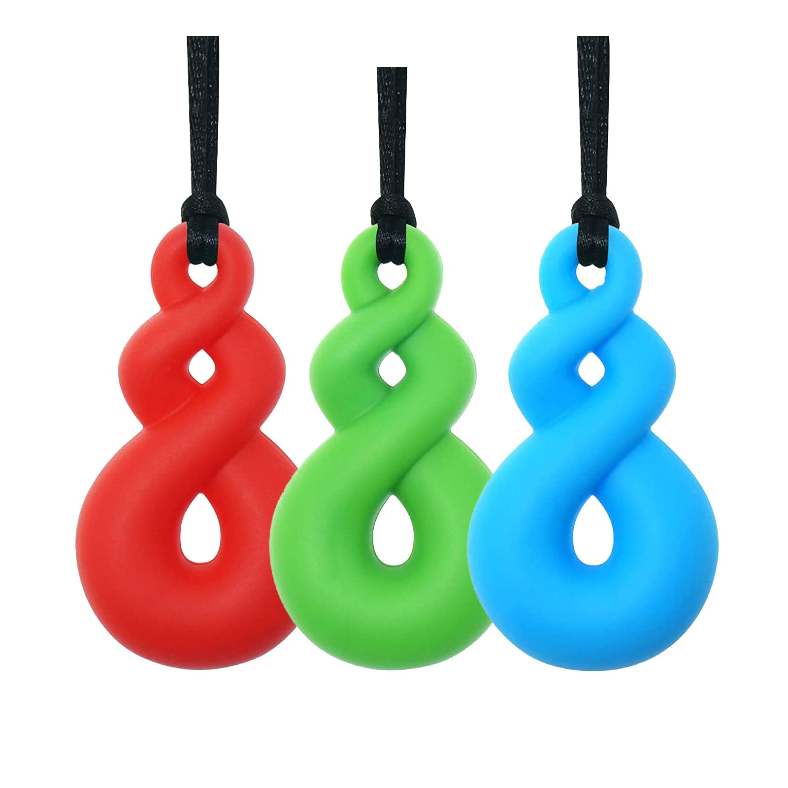 ULVBABI Silicone Chewing Teether Necklace, Chewelry Pendant for Adult & Small Baby to Wear, Soft Sensory Nursing Tools for Autism, ADHD, and Teething Kids (3 Pack, Blue, Green, Red)
