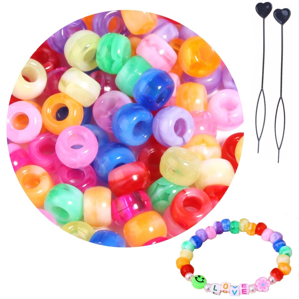 200Pcs Plastic Pony Beads for Jewellery Making, 6 * 9mm Colourful Bead for Crafts, Hair Beads for Bracelets Making Kit(Cream Color)