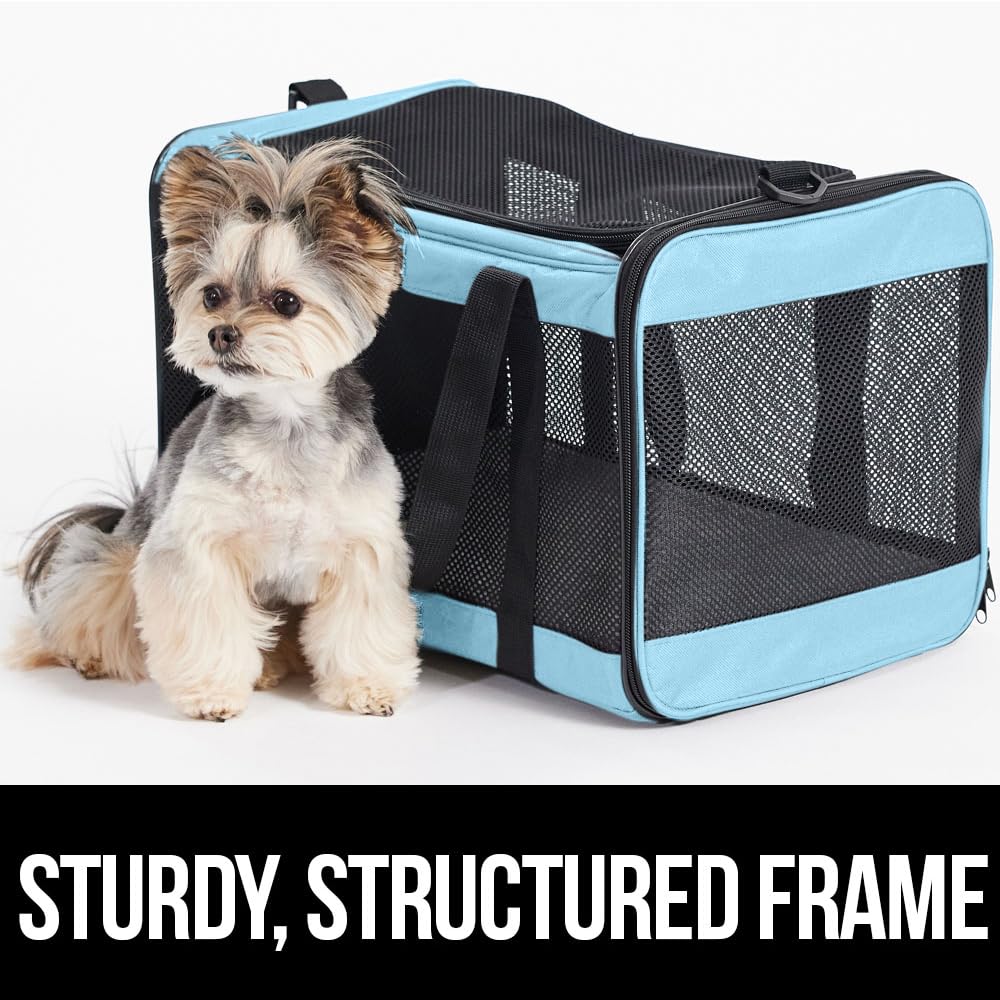GORILLA GRIP Airline Travel Cat Carrier Bag Up to 15 Lbs, Breathable Mesh Collapsible Pet Carriers for Small, Medium Cats, Small Dogs, Puppies, Portable Kennel with Soft Washable, Light Blue