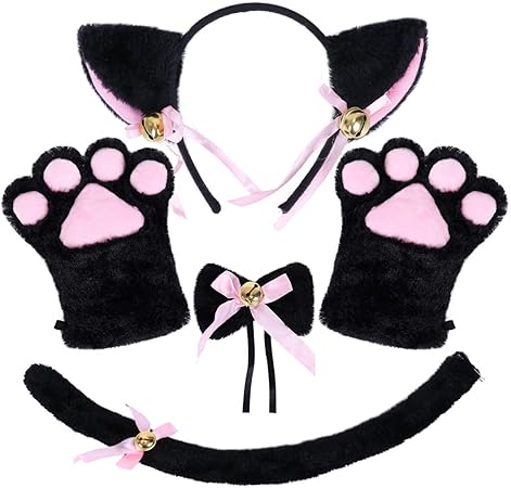 Amazon ねこコスチューム 猫耳 猫尻尾 首輪風蝶ネクタイ ネコ手 肉球手袋 コスプレ 小道具 ふわふわ女性コスプレ パーティーハロウィーン 肉球 カチューシャ ねこコスチューム パーティーハロウィーンコスプレ仮装 萌えにゃんこ 可愛い 女性 子供 ブラック キッズ