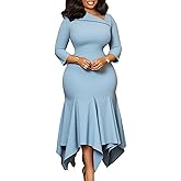SHINFY Women's Elegant Midi Formal Dress 3/4 Sleeve Asymmetrical Neck Ruffle Hem Bodycon Cocktail Church Dresses