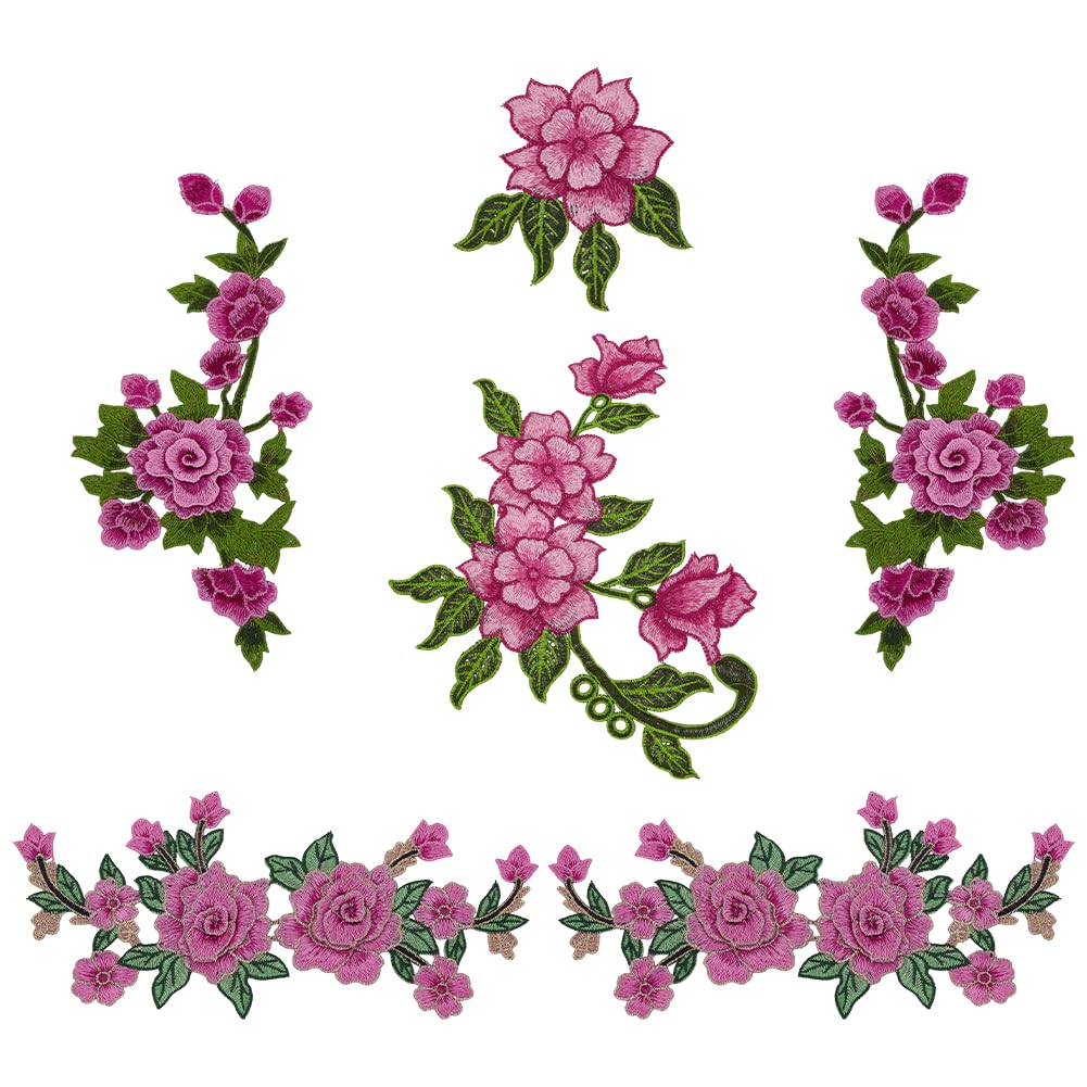 FINGERINSPIRE 6PCS Embroidery Peony Sew On Patch 3Styles 3D Pink Flora with Leaves Fabric Patch Polyester Embroidered Appliques for Hat Bag Jeans Repairing Crafts Clothing Cheongsam Decorations