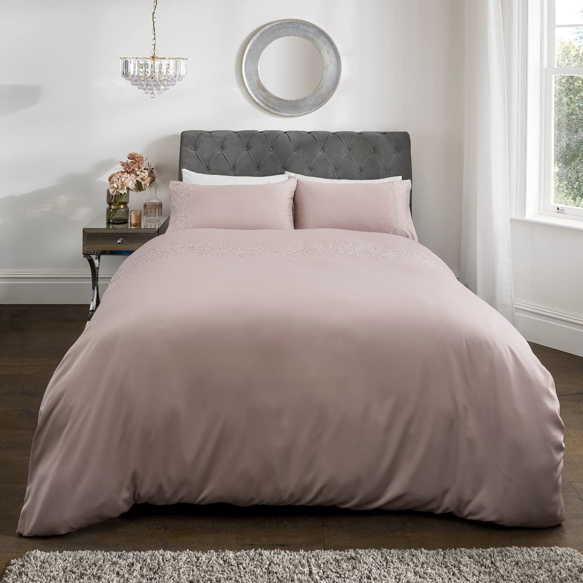 Sleepdown Gem Embellished Sateen Duvet Cover Quilt and Pillow Cases Bedding Set Soft Cosy, Polyester, Blush Pink, King (230cm x 220cm)