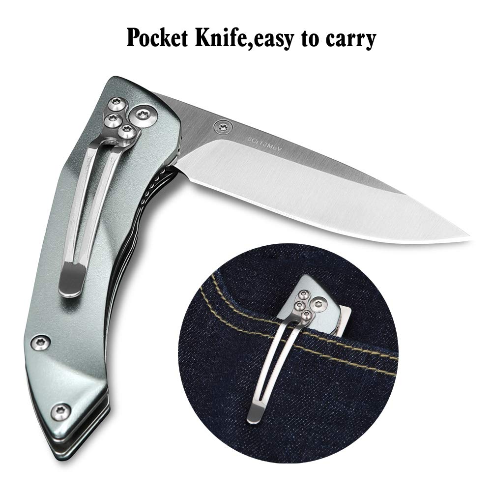 EDC Pocket Knife, 8Cr13MoV Stainless Steel Blade Folding Knife with Aluminum Handle, Belt Clip, Liner Lock Perfect for Outdoor Hunting Camping Fishing Self Defense Every Day Carry