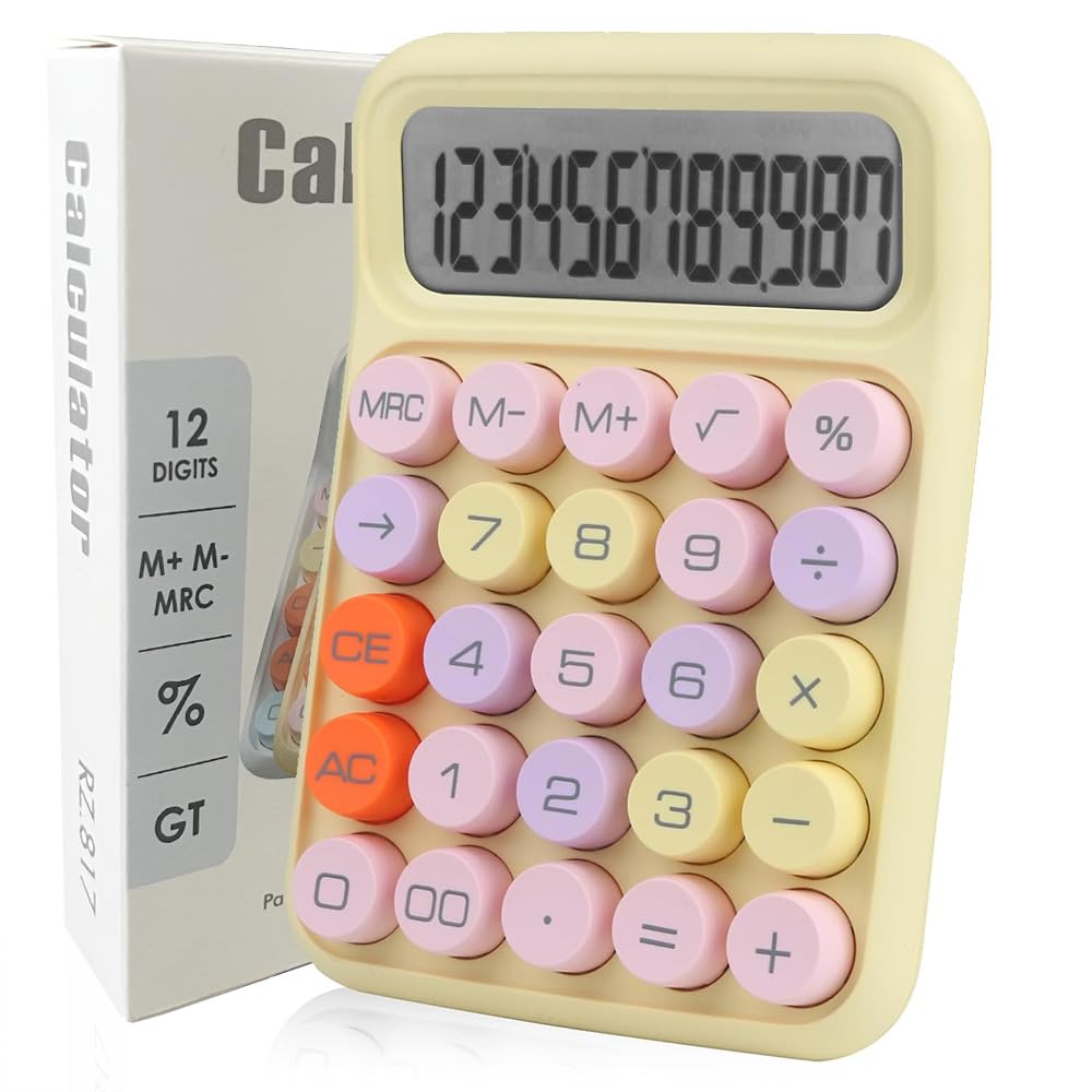 EnvySun Cute Desk Calculator with 12-Digit LCD Screen: Auto-Sleep & Round Big Buttons, Desktop Calculator for Student Stationery Office Office Home School Use, Yellow Candy