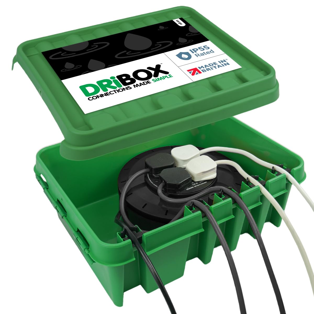 DRiBOX – Large IP55 Weatherproof Outdoor Electrical Connection Box 40 x 31 x 14.5cm – Power Cord Enclosure for Christmas Lights, Timers, Extension Cables, Leads, Reels, Transformers (Large, Green)