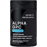 Sports Research® Alpha GPC 630mg (Extra Strength) - Bioavailable Source of Choline - Focus & Cognitive Support for Women & Men - Vegan Certified · Non-GMO · Gluten Free - 120 Liquid Capsules