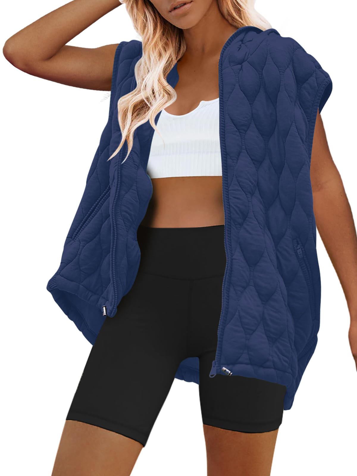 Photo 1 of SENSERISE Womens Oversized Puffer Vest Sleeveless Quilted Jacket Zip Up Hooded Puffy Vest Winter Coats with Pockets(Navy Blue,S)