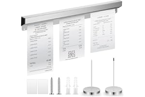 Henoyso 16 Inch Aluminum Slide Check Rack with 2 Pcs Receipt Holder Spike Desk Receipt Storage Restaurant Food Truck Ticket Holder Accessories Silver Bill Order Display Rail for Kitchen Bar (No Slot)