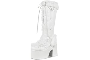 VIMISAOI Womens Mid Calf Boots, Lace Up Zip Block Chunky High Heel Punk Goth Warm Fur Winter Snow Platform Boots