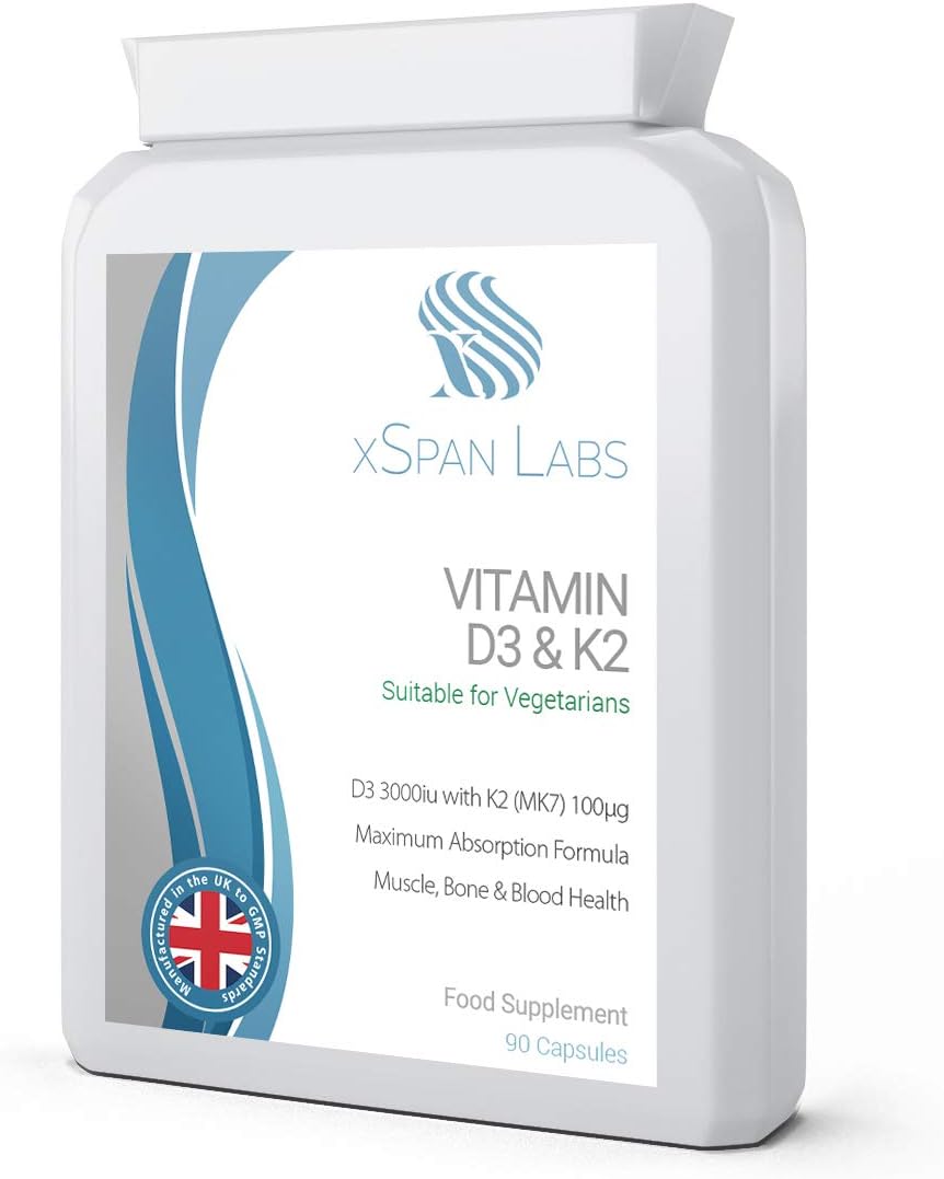 Vitamin D3 3,000 IU & K2 100µg MK7, Vegetarian Capsules, High Strength D3 & K2 Supplement for Bones Muscle & Immune Support