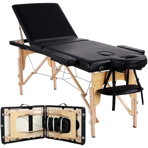 Yaheetech Hight Adjustable Massage Table Portable Massage Bed Massage Therapy Table 3 Folding 84 Inch Salon Bed Facial Cradle Bed Black