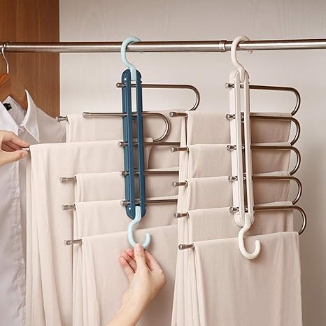 Amazon Co Jp 5段ズボンハンガー折り畳み式パンツハンガー多機能スラックスハンガー皺防止クロゼット収納省スペース ブルー ホーム キッチン