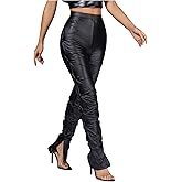 WDIRARA Women's Pu Leather Split Side High Waist Skinny Trousers Twist Side Long Pants