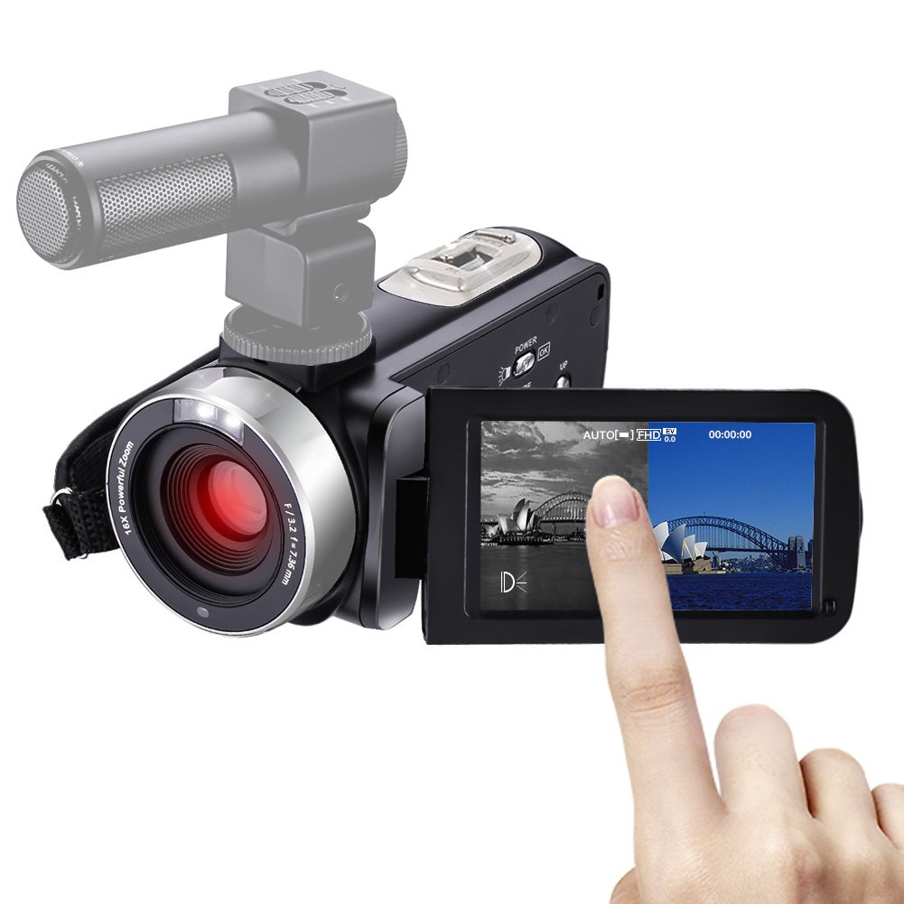 COMI Camcorder With MIC Night Vision Camera Full HD 24.0MP 1080p Webcam 3” Touchscreen Digital Video Recorder External Microphone (HDV-M61-FBA)